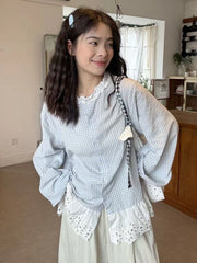 Lunivop Women Sweet Plaid Shirt Korean Fashion Lace Patchwork Loose Blouse Elegant Casual Preppy Style O Neck Female Chic Tops New