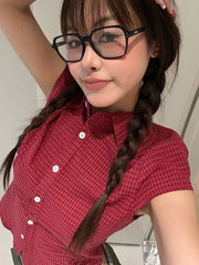 Lunivop Pure Cotton Red Plaid Shirt Women Slim Sexy Cropped Short Sleeve Y2K Blouse Vintage American Streetwear Female Summer Tops