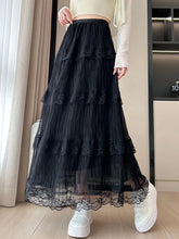 Lunivop Retro Sweet Black Long Skirt Women Casual Loose High Waist Elegant Skirt Vintage Lace Patchwork Korean Summer Long Skirts