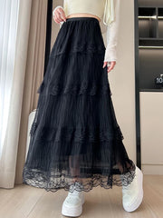 Lunivop Retro Sweet Black Long Skirt Women Casual Loose High Waist Elegant Skirt Vintage Lace Patchwork Korean Summer Long Skirts