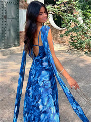 Lunivop Mesh Lace-Up Printed Maxi Dress For Women Scarf Backless Fashion Contrast Slim Party Dress Spaghetti Summer Y2k Dress New