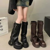 Lunivop Winter Women Biker Boots Fashion Belt Buckle Ladies Elegant Platform Long Pipe Booties Casual Women's Knee High Booties
