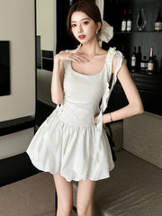 Lunivop White Patchwork Ruffled Chic Mini Dress Women Elegant Casual Sling Dress Summer Korean Fashion Bodycon Festival Party Dress