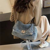 Lunivop Harajuku Style Vintage Denim Tote Bag Women Casual Commute Large Capacity Shoulder Bag Ladies Versatile Chain Crossbody Bag