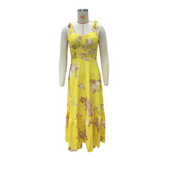 Lunivop Female Sleeveless Pleated Long Dress Summer V-Neck Floral High Waist Party Sexy Holiday Beach Spaghetti Strap Sundress
