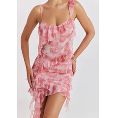 Lunivop Sexy Package Hip Pink Print Ruffle Ribbon Mini Dress Women Elastic Waist Holiday Boho Beach Summer Skirts New