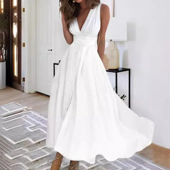 Lunivop Women'S Fashion Casual Dresses Spring And Summer Solid Color Sleeveless V Neck Side Zipper Style Long Dress Elegant Sundress