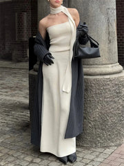 Lunivop Female Knitwear 2 Piece-Set Long Dress Ribbed Scarf Backless Cropped Sweater Pullover Spring Elegant Knit Outfits Women