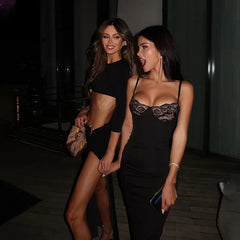 Lunivop Sexy Black 2 Piece Set Women Y2K Outfits Club Wear Fall Hardwear Detail Hollow Crop Top And Split Long Skirt