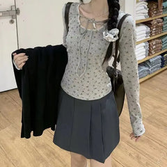 Lunivop New Millennial Style Floral Print Sexy Square Collar Lace-Up Design Sense Decoration Slim Knit Long-Sleeved Top For Women