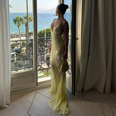 Lunivop Yellow Sequins Maxi Beach Dress Women Sexy Backless Slim Party Fishtail Dresses Summer Mesh Patchwork Sheer Holiday Dress 2024