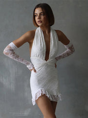 Lunivop Sexy See Through Lace Women Dress White Off Shoulder Deep V-neck Gloves Dress Summer Skinny Elegant Party Clubwear