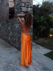 Lunivop Orange Satin Lace Up Sling Long Dresses Women Fashion V Neck Backless Sleeveless Maxi Robe Summer Female Evening Party Club Gown