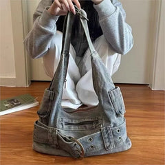 Lunivop Retro Denim Messenger Bag Women Hot Girl Rivet Large Capacity Casual Crossbody Bags Female Y2k Grunge Handbag 2025 New