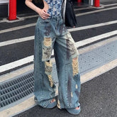 Lunivop Vintage Y2K Ripped Jeans for Women American Streetwear Baggy Grunge Wide Leg Trousers Female Hot-Girl High Waisted Denim Pants