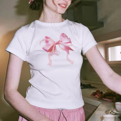 Lunivop South Korea's original niche design 2024 summer Spice girls short top bow round neck short-sleeved T-shirt sweet and spicy girl