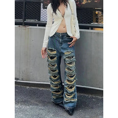 Lunivop Women's Blue Gothic Y2k Ripped Jeans Baggy Harajuku Denim Trousers Vintage Emo Jean Pants Japanese 2000s Style Trashy Clothes