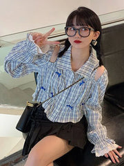 Lunivop Sweet Bow Hollow Out Shirt Women Long Sleeve Lace Patchwork Blouse Korean Cropped Fashion Elegant Female Design Plaid Tops