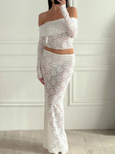 Lunivop Sexy See Through Lace Women Skirt Suit White Long Sleeve Off Shoulder Skirt Suit Female Summer Elegant Two Piece Sets