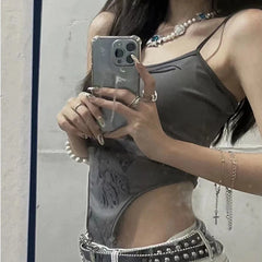 Lunivop Tank Tops Grey 2000s Aesthetic Graphic Print Sleeveless Irregular Slim Sling Summer Fairy Grunge Y2k Women's Tops Bodysuit