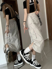 Lunivop American Retro Streetwear Cargo Skirt Women Fashion Slit Hip Hop Midi Skirts Summer High Waist Drawstring Pockets Skirt New