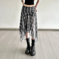 Lunivop Vintage Plaid Midi Skirt Women Y2K Streetwear Irregular Mesh Skirts Summer Gyaru Harajuku Korean High Waist A Line Faldas