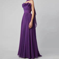 Lunivop Elegant Evening Dress Purple Strapless Pleat Chiffon A Line Evening Gowns Thigh Slit Floor Length Formal Dresses