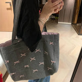 Lunivop Large Capacity Grey Tote Bag Women Harajuku Bow Chic Canvas Handbag Messenger Bag Ladies Casual Crossbody Bags Aesthetic