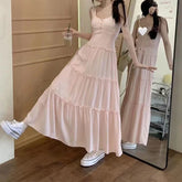 Lunivop Pink Cute Midi Dresse Sweet Ruffle Casual Elegant Chic Beach Long Spaghetti Strap Button Holiday Gentle Dress Fairycore