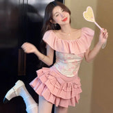 Lunivop Y2k Sweet Slash Neck Ruffles Slim Fit Top for Women+ High Waist Bow Ruched Cake Skirts Summer New Two Piece Sets