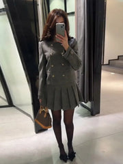 Lunivop Elegant O-neck Jackets Mini Skirts Sets Women Solid Double Breasted Jacket Suit With Pleated Skirt Lady Autumn Chic Outfits 
