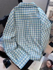 Lunivop Retro Blue Plaid Shirt Women Casual Fall Long Sleeve Harajuku Retro Blouse Japan Preppy Style Female Turn Down Collar Tops