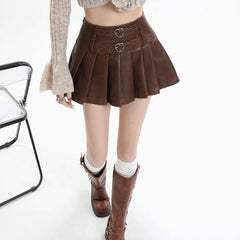 Lunivop Vintage Brown Leather Skirt Women Y2k Sexy Gothic Pleated Mini Skirt Black Punk Grunge Retro Short Skirts Streetwear