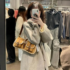 Lunivop Retro Lamb Patchwork Brown Shoulder Bag Women Vintage Pocket Chic Y2k Handbag Female Hot Girls Casual Underarm Bag 2025