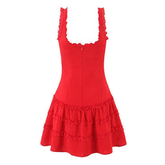 Lunivop French Style Fungus Edge Red Sleeveless Dress Women O Neck A-line Slim Summer Short Dresses Holiday Robe Tank Vestidos