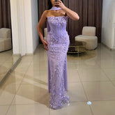 Lunivop Lilac Evening Dress Strapless Corset Lace Applique Straight Evening Gowns with Scarf Elegant Long Formal Party Gown