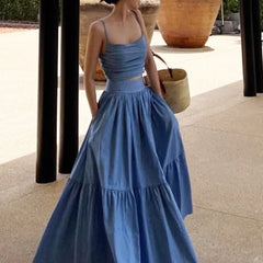 Lunivop Summer New Korean Fashion Pleated Backless Sexy Slim Camisole Women + Solid Color Casual A-line Skirt Two-piece Suit