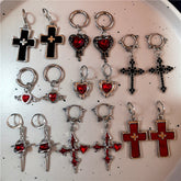 Lunivop Gothic Red Crystal Heart Irregular Cross Thorn Hoop Earrings For Women Men Unusual Punk Charm Jewelry Y2K Scene EMO Accessories