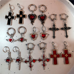 Lunivop Gothic Red Crystal Heart Irregular Cross Thorn Hoop Earrings For Women Men Unusual Punk Charm Jewelry Y2K Scene EMO Accessories