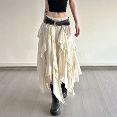 Lunivop Vintage asymmetrical Long Skirt Women Y2k Harajuku Elegant Lace Ruffle Skirt Gothic Korean Style Street Layered Skirts
