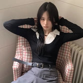 Lunivop Contrast Color Tees Preppy Style Korean Long Sleeve Y2k Vintage Tshirts Crop Tops Fake Two Piece Women Slim Fit Patchwork
