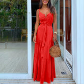 Lunivop Woman Summer Style Spaghetti Strap Long Dress Lady Sleeveless Backless V-Neck Solid Color with Waist Slash Sundress