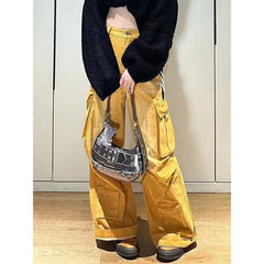 Lunivop American Retro Orange Women's Patchwork Striped High Street Denim Workwear Pants Y2K Design Fashionable Loose Wide Leg Pants New