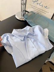 Lunivop Casual Sweet Blue Shirt Women Cute Lace Patchwork Bow Blouse Vintage French Preppy Style Short Sleeve Elegant Kawaii Tops