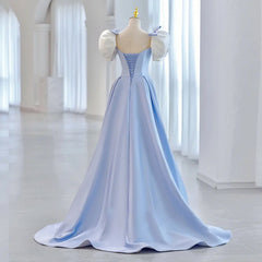 Lunivop Blue Square Collar Evening Dress Simple Long Slim Waist Party Dresses Bow Puff Sleeve Pleated Princess Prom Dresses Customized