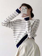 Lunivop Vintage Elegant Striped Sweaters Women Loose O Neck Hollow Out Knitted Pullover French Retro Long Sleeve Casual Jumper Tops