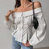 Lunivop New Spring Autumn French Sexy Off The Shoulder Office Lady Blouse Y2k Fashion Euramerican Slim Waist Draped Clothes Harajuku Top