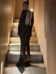 Lunivop Knitted Sexy Hollow Out Maxi Dress For Women Black Long Sleeve See Through Dress Female Slim Casual Party Beachwear 2025