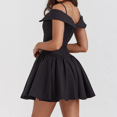 Lunivop Black Sexy V neck Off Shoulder Mini Dress Women Short Sleeve Low Waist Ruched Hem Ball Gown Swing Mini Robe Party White