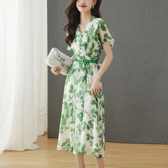 Lunivop Women's Midi Dress V-Neck Short Sleeve Green Leaf Print Chiffon Dress with Green Waist Belt
